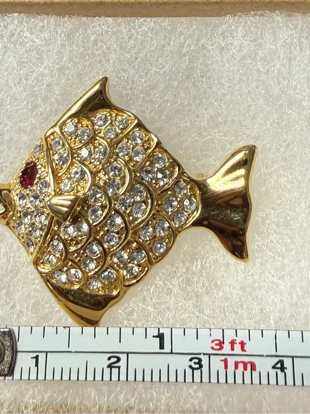 Gold-Tone Fish Brooch Rhinestone Pave Pin - Clear and Red Accents